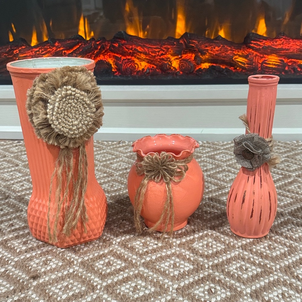 Rustic Coral Color Vase Set with Burlap Accents